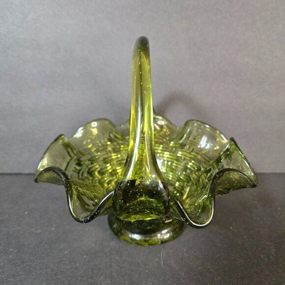 Vintage MCM Green Art Glass Basket Weave Pattern Design & Ruffled Edge *READ* - Picture 2 of 11